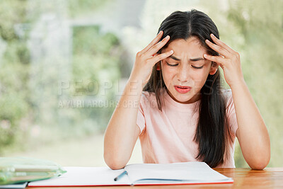 Buy stock photo Stress, anxiety and worry with a little girl struggling with her studies, education and learning at home. Confused, frustrated and upset student having trouble with homework and difficult study