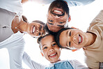 Huddled family bonding, laughing and having fun while standing in a circle with heads in the middle. Below playful portrait of excited, happy and cheerful mother, father and children close together