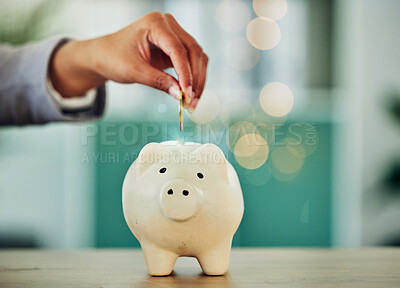 Buy stock photo Saving and investment for future, hand putting a coin into a piggy bank, money growth and financial freedom. Retirement, insurance and budget security of woman banking money away.