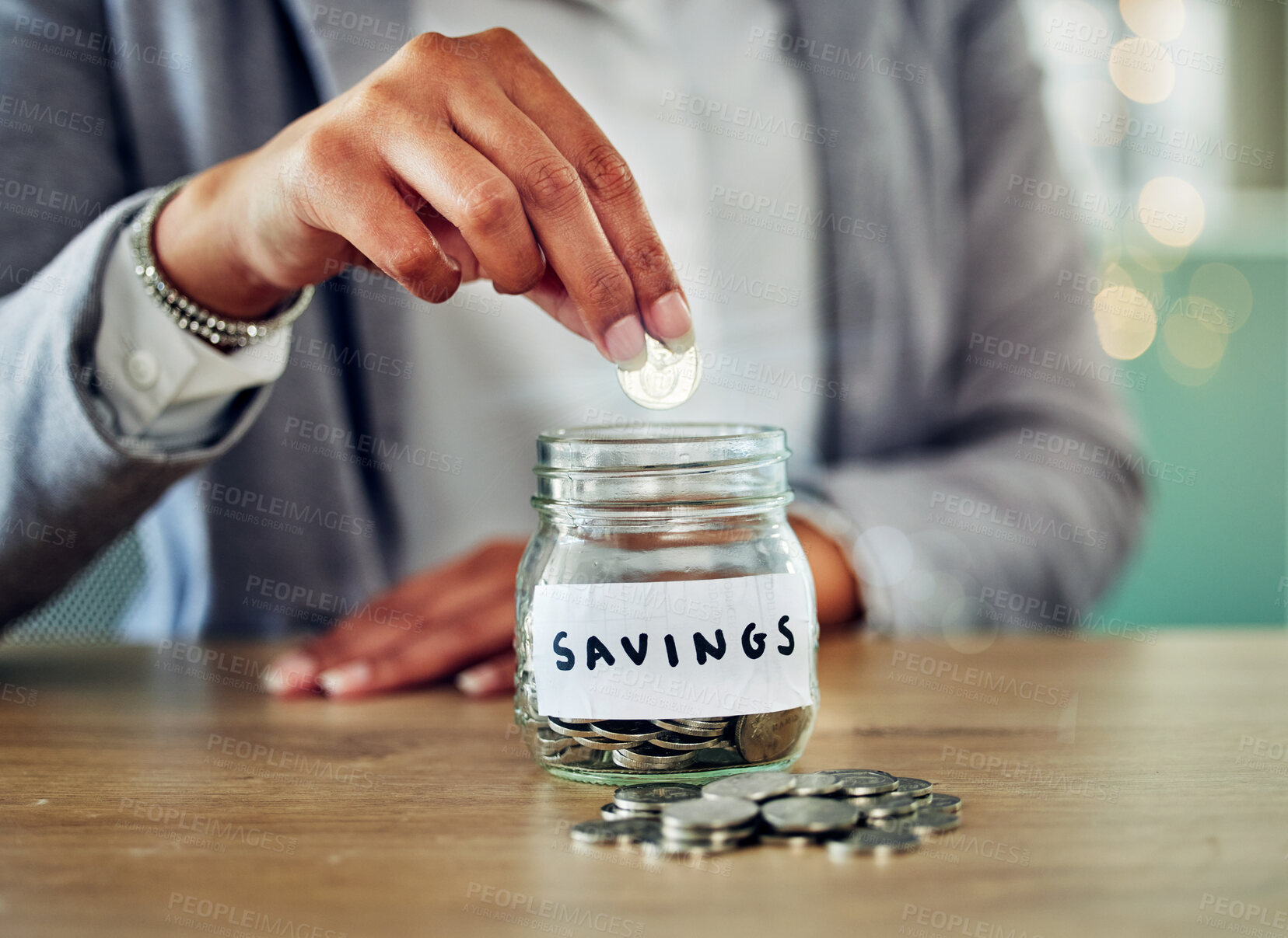 Buy stock photo Savings jar, money coins and change of a woman hand holding and saving cash to budget. A female planning investment, retirement and financial security. Closeup of financial growth for the future