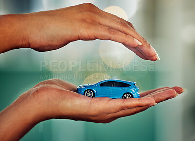 Buy stock photo Car, insurance and hands for transport mockup, investment or loan with bokeh background. Invest, travel and market advertising for product and marketing for retail, sale and finance.