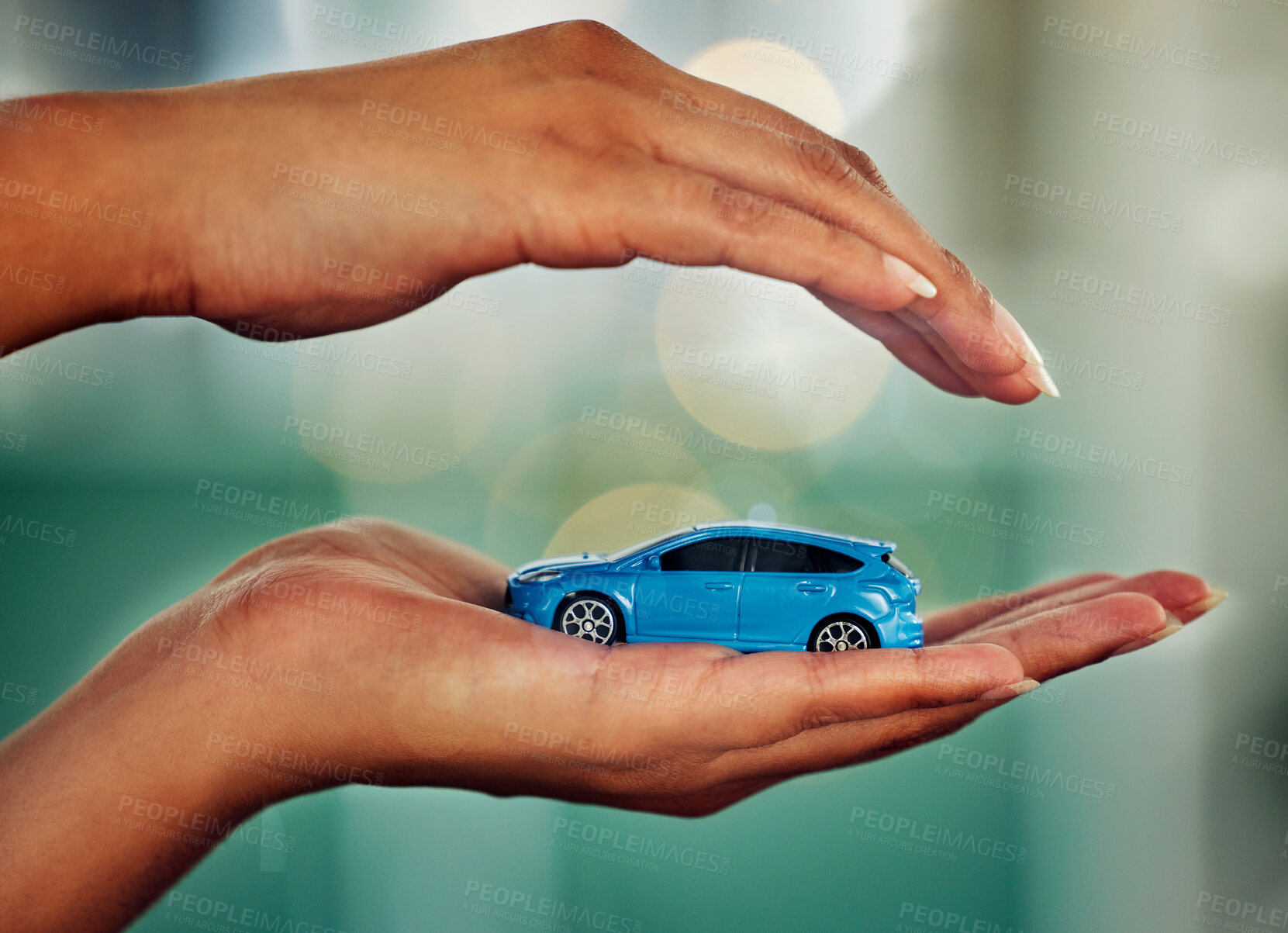 Buy stock photo Car, insurance and hands for transport mockup, investment or loan with bokeh background. Invest, travel and market advertising for product and marketing for retail, sale and finance.