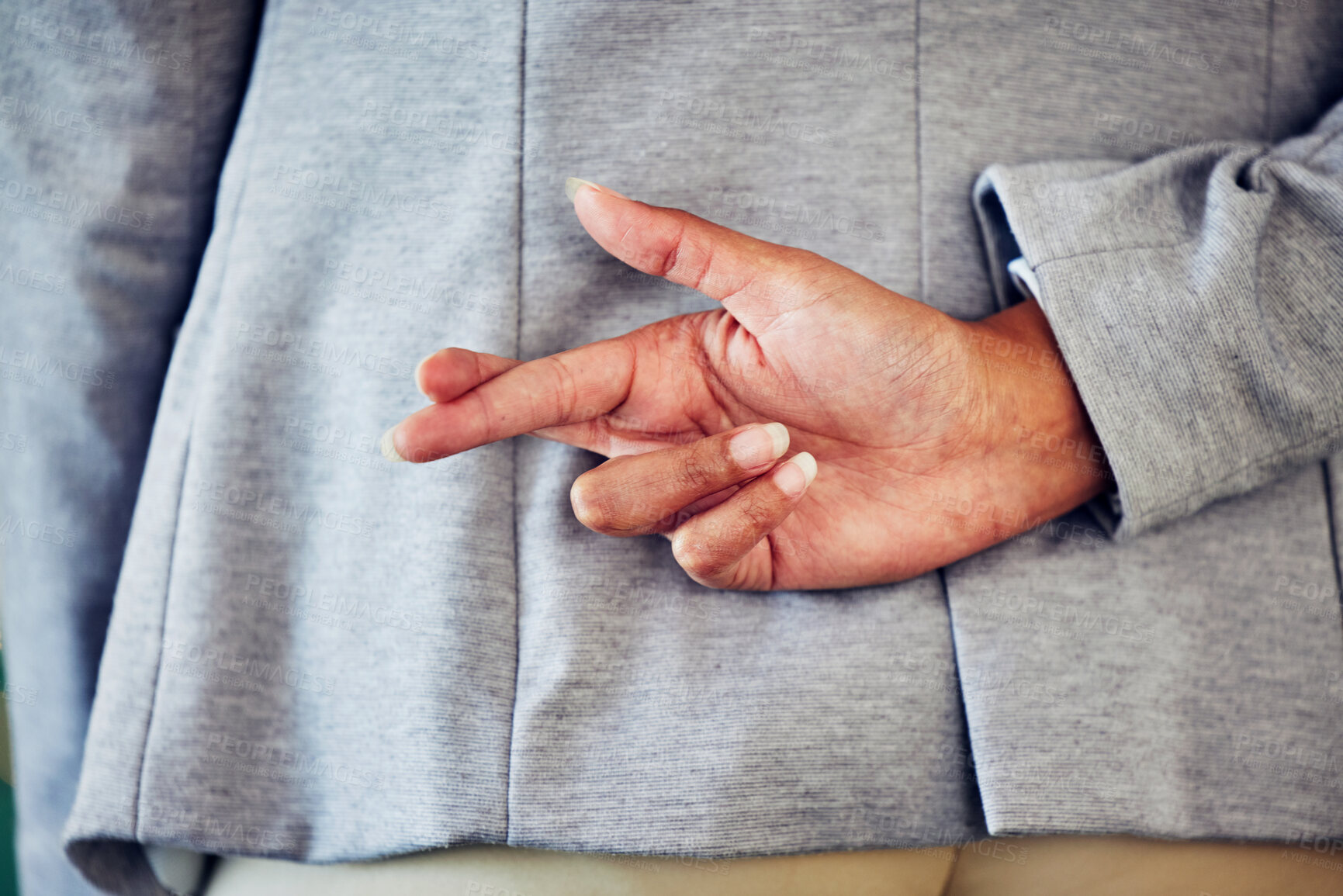 Hand gesture, sign or icon of a liar not telling the truth and being  dishonest. Female waiting for good news and holding a sign. Woman crossing  fingers for good luck, hope or