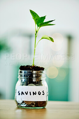 Buy stock photo Financial growth, savings and future investment with interest in a jar full of coins, money or cash and a green economy. Invest, profit or investing money for donation, pension or a retirement fund