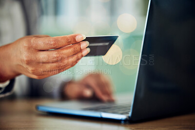 Buy stock photo Ecommerce, banking businesswoman with laptop and credit card doing financial transaction, online shopping or payment. Corporate hands using a secure and safe ebank app for finance purchase at office