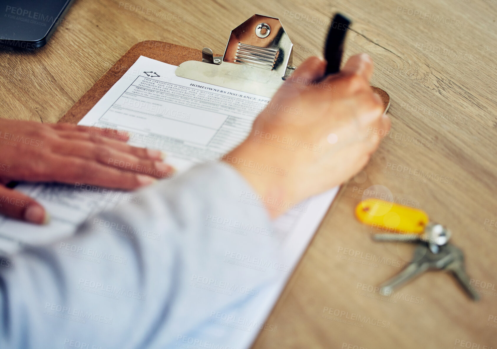 Buy stock photo Signing contract, document and paper closeup of banker, client or worker, writing or filling out information on insurance or loan form. Hands of woman completing legal agreement or tax compliance