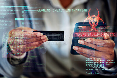 Buy stock photo Cyber, digital and virus of criminal fraud breaking security with trojan and cloning software. Hands of an individual with malicious intent to steal, banking and finance information for ecommerce.