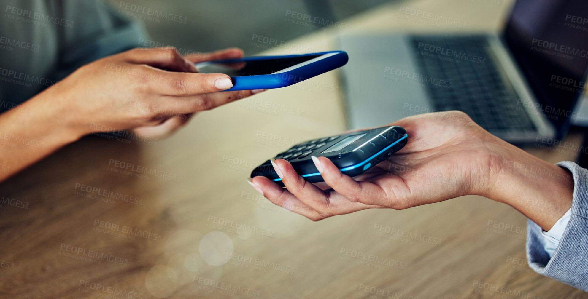 Buy stock photo Banking, buying and paying with phone by scanning chip on checkout, wireless and ecommerce machine. Closeup hands of business women purchasing, transacting with digital money and investing in credit