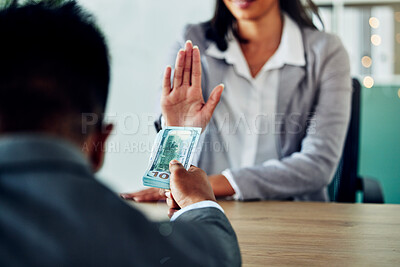 Buy stock photo Refusing illegal bribe, corruption and dirty money to avoid unethical, fraud and dishonest crime at work. Business woman, politician and government official stop to no bribery, solicit and extortion