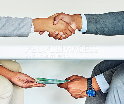 Buy stock photo Bribe, illegal deal and money laundering businessmen doing handshake agreement during corrupt business meeting or unethical exchange. Corporate man bribing or soliciting influence with cash