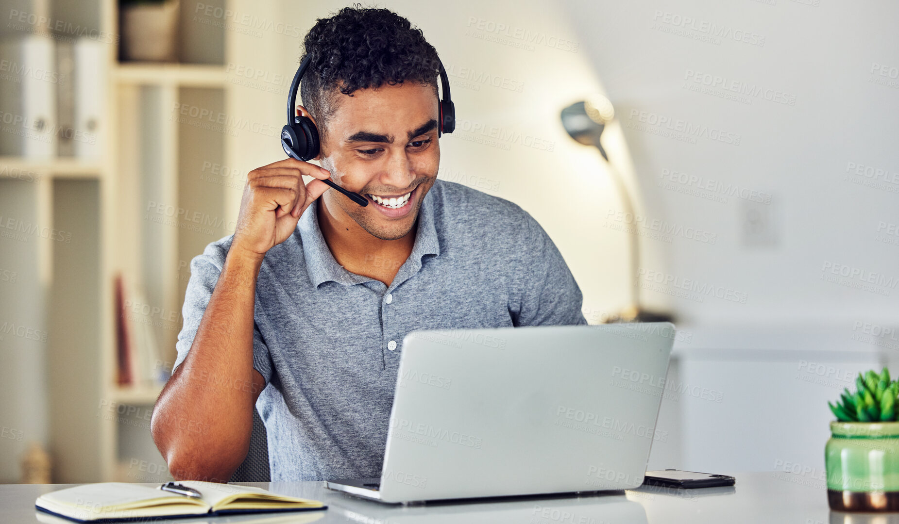 Buy stock photo Call center telemarketing agent with headset and laptop working, assisting or talking to online web user. Male sales representative advisor with excellent customer service skills and business advice