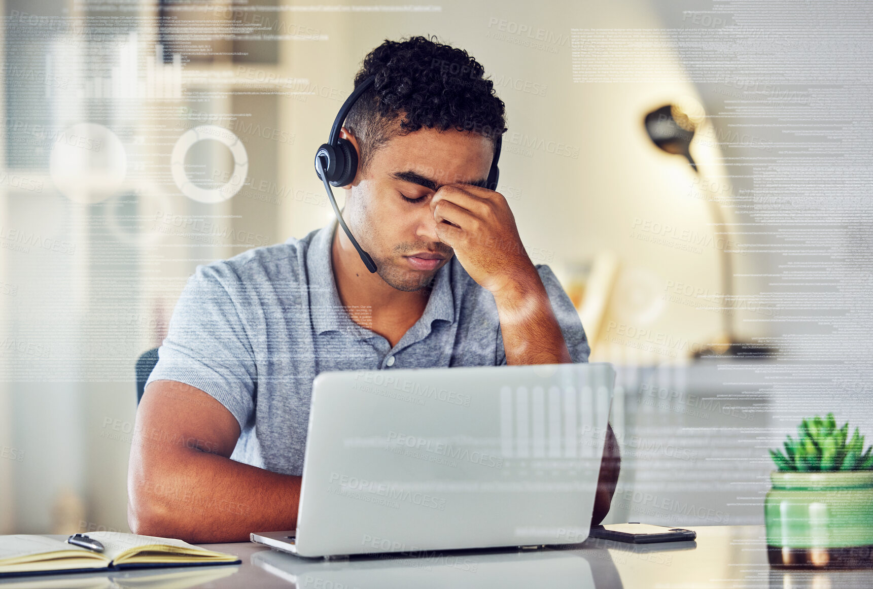 Buy stock photo Tired, stressed and exhausted finance customer support agent on laptop over graphs, ui and analysis. Overworked, burnout and headache of a man in stress working remote in his office at home.