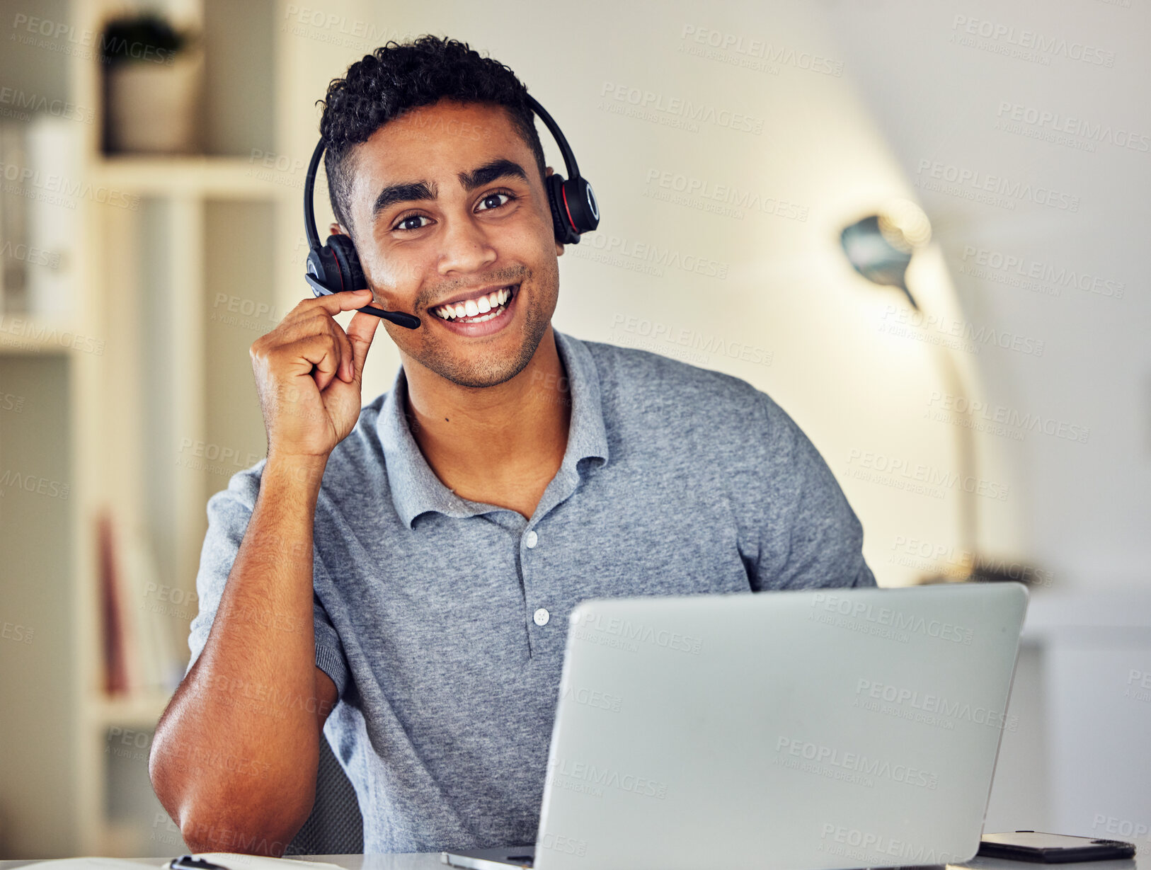 Buy stock photo Friendly call center, online or tech support worker who helps clients, customers and callers. Man on a laptop, with a headset and working as a customer service professional from home portrait.