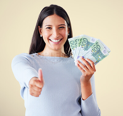 Buy stock photo Thumbs up, money and finance growth with cash, bank notes and currency after investment, savings and lottery win. Portrait of excited, happy or motivated woman approving wealth, budget or development