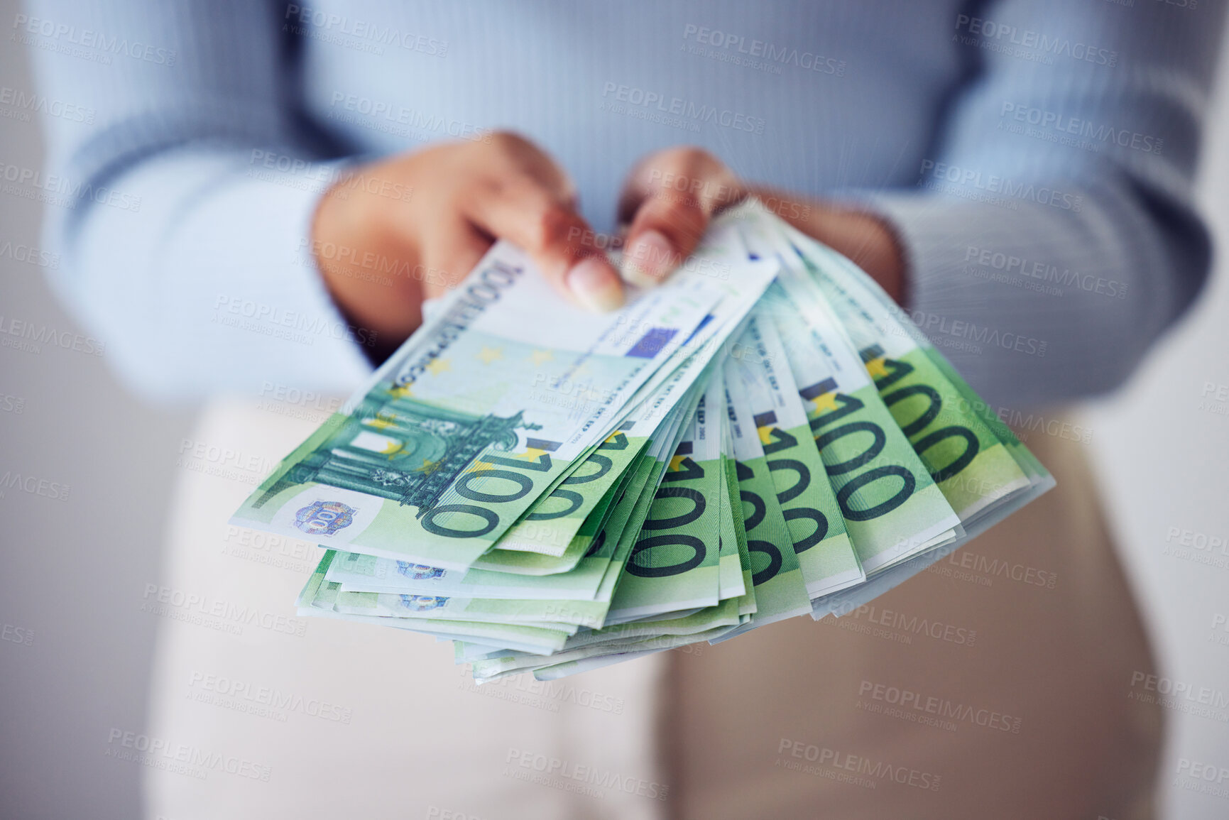 Buy stock photo Finance, bonus and investment hand holding money, cash or bank notes for savings, wealth or spending closeup. Woman with lots of bills, financial growth or profit used for large purchase or payment