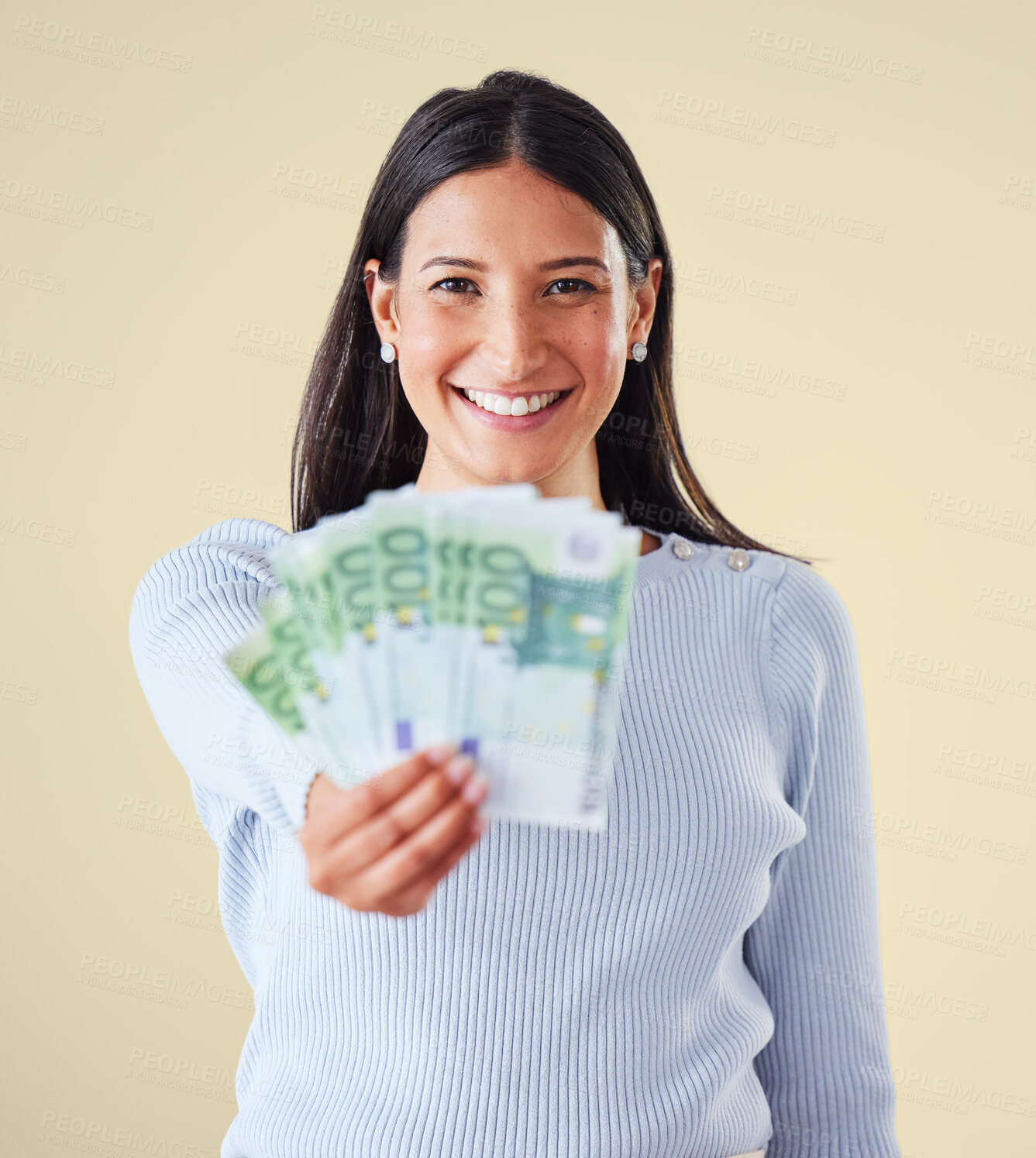 Buy stock photo Winning money and financial success of happy woman saving cash for a banking budget. Portrait of an investing female planning finance investment growth, retirement and bank security for the future