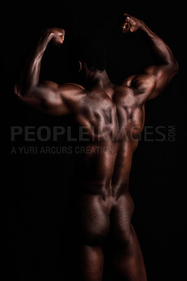 Black man in underwear, fitness and body with abs, healthy and active,  muscle and strong on blue ba Stock Photo by YuriArcursPeopleimages