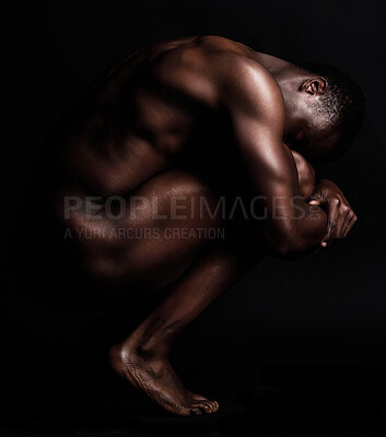 Buy stock photo Nude, art and naked body of a strong black man in dark studio for sexy muscle and sexuality. Sport person or bodybuilder model for motivation, health and wellness in art deco form or shape background