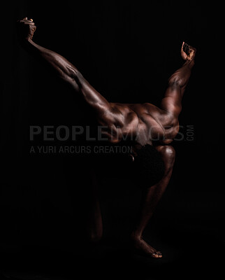 Buy stock photo Body, muscle and art deco of a strong black man in dark studio for power and strength. Sports person or bodybuilder person for motivation, health and wellness for fitness model background