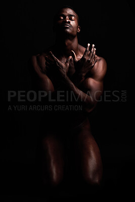 Buy stock photo Nude, naked body and strong black man for art deco in dark studio with muscle power and strength. Sport person or bodybuilder model for motivation, health and wellness for erotic fitness background