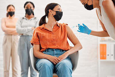 Buy stock photo Vaccine, injection and medicine treatment for covid, flu and pandemic disease with nurse, healthcare or medical professional. Stylish, edgy and creative office woman with mask getting injected in arm