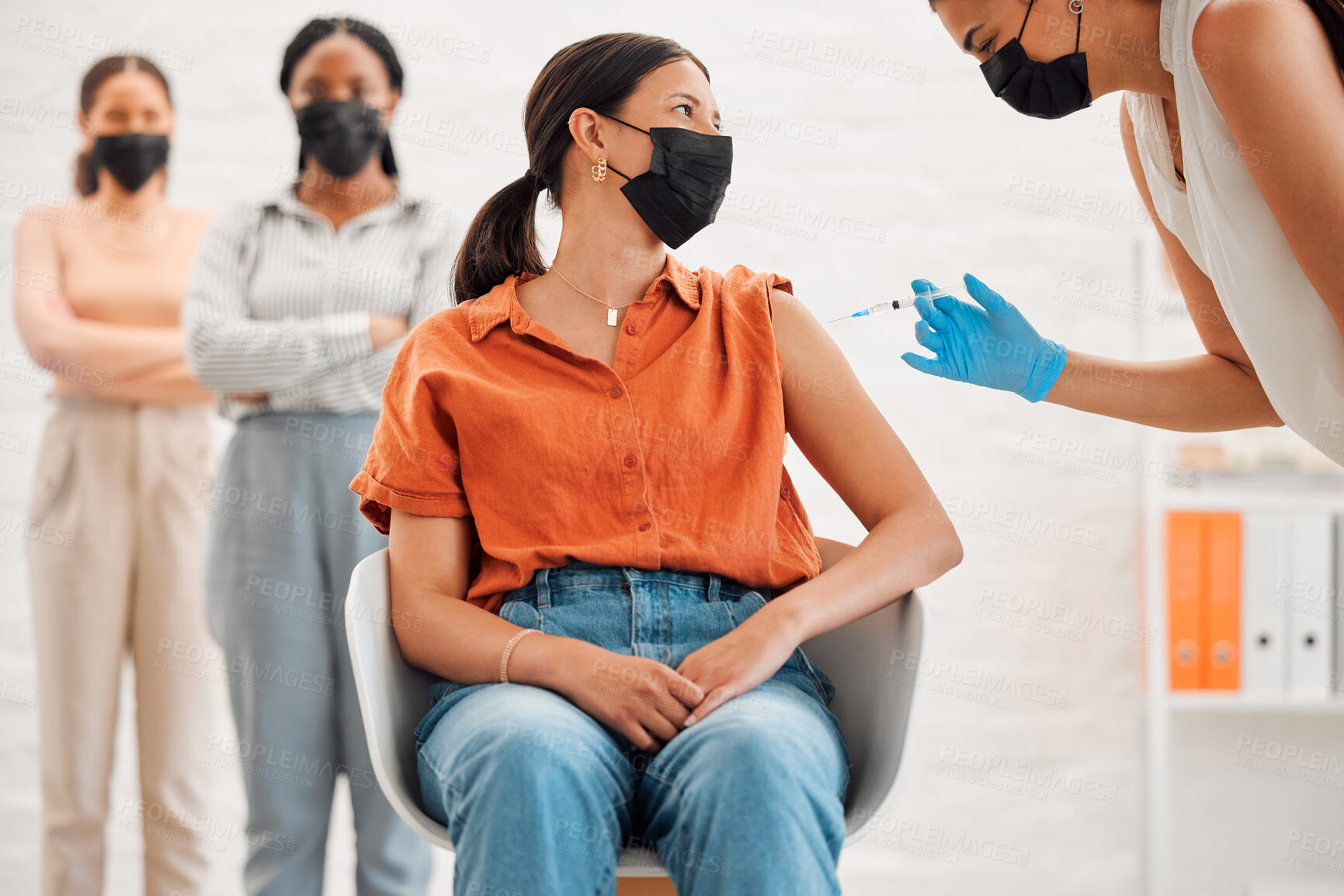 Buy stock photo Vaccine, injection and medicine treatment for covid, flu and pandemic disease with nurse, healthcare or medical professional. Stylish, edgy and creative office woman with mask getting injected in arm