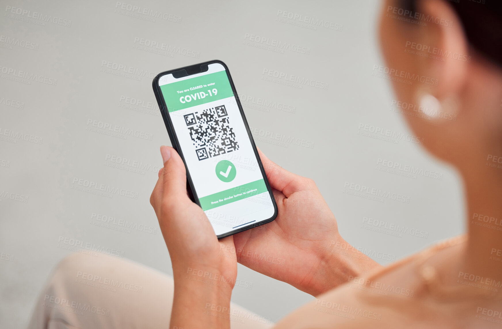 Buy stock photo Covid vaccine passport, digital certificate and immunity travel pass displayed with qr code on phone screen for health clearance. Woman, tourist and traveler with mobile app for medical vaccination