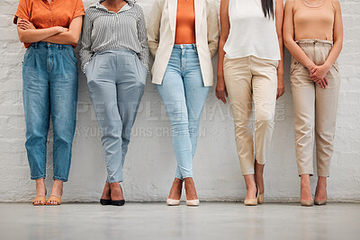 Buy stock photo Trendy, fashionable and stylish women standing in a row for a design, marketing or stylist job interview. Casual, elegant and cool young professional females organized, ready and waiting in line
