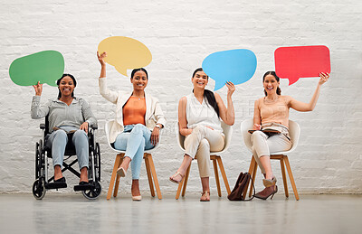 Buy stock photo Blank copyspace and speech bubble for a social media post, communication and talking in the hands of business women sitting in studio. Card or board for text, speech or marketing and advertising