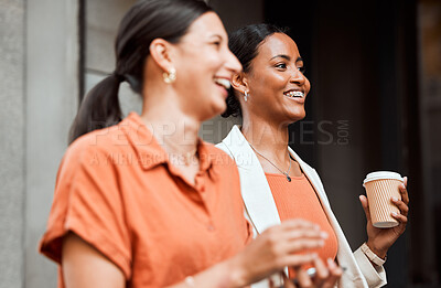 Buy stock photo Teamwork, laughing and walking business colleagues on coffee or lunch break in city, town or downtown. Smiling, happy and motivated creative women bonding and commuting to work during morning routine