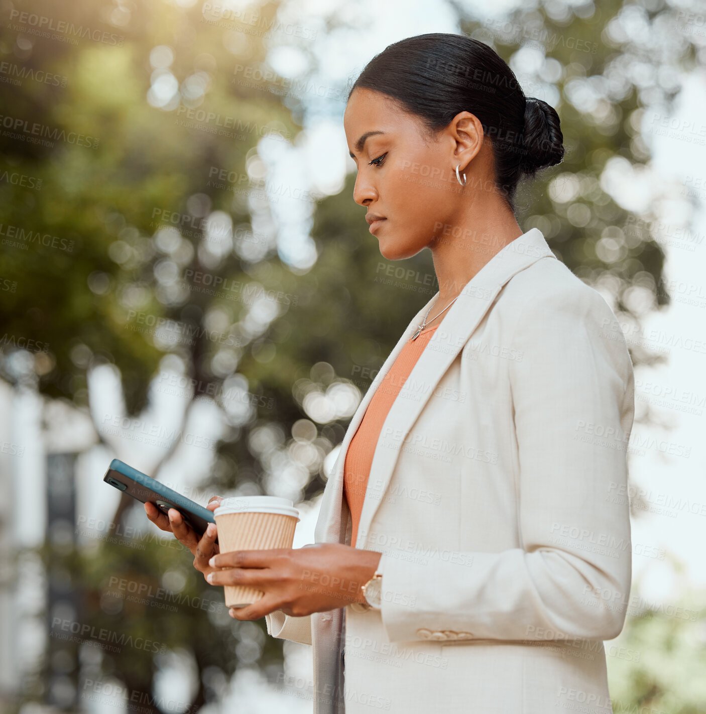 Buy stock photo Business woman texting on phone, booking and ordering city taxi, lift or ride in morning commute to work. Serious and busy professional with coffee checking, reading or browsing social media 