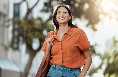 Buy stock photo Stylish, happy and trendy student walking in a city, commuting to a college and enjoying a weekend break downtown. Smiling, edgy or funky woman exploring, visiting and enjoying town while sightseeing