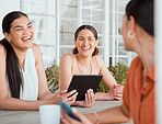 Colleagues, coworkers or employees having a friendly fun female discussion or conversation on a break from work. Team of happy social women talking together at work outside the office or workplace.