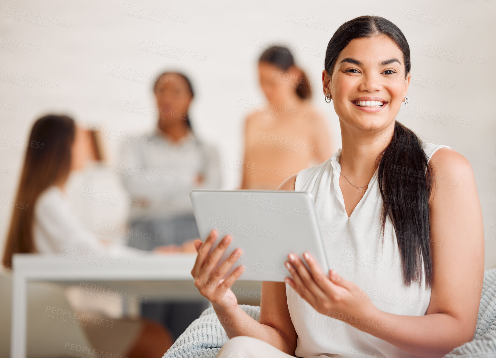 Buy stock photo Female leader working on a digital tablet with planning collaboration and support team in background portrait. Elegant, trendy and fashionable professional stylist making designs on electronic device