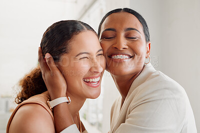 Buy stock photo Female empowerment, support and unity with colleagues, creative women and fun coworkers. Headshot and faces of smiling, happy and proud manager hugging, embracing and congratulating employee success
