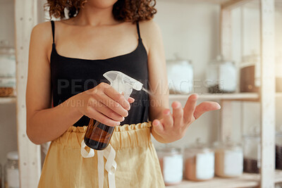 Buy stock photo Hygiene, female spraying sanitizer on hands and helping to prevent the spread of disease by cleaning. Caucasian woman sanitizing, health and disinfecting with alcohol to clean and remove germs. 