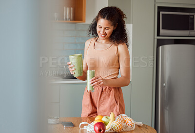 Buy stock photo Healthy lifestyle, organic smoothie and clean eating dieting woman with fresh fruits, vegetables and consumables. Wellness detox, nutrition and body or weight watching vegan drinking juice or shake