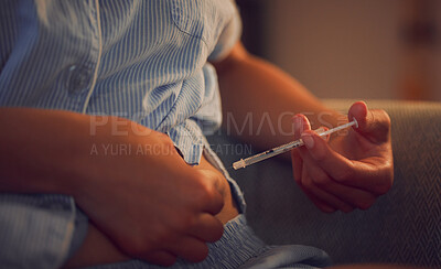Buy stock photo Diabetes, diabetic and insulin injection of a woman with a chronic disease late at night. Hands of a female taking her daily shot of treatment with a syringe in the evening at home