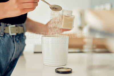 Buy stock photo Diabetes, overuse of sugar and unhealthy sweets for mug of tea, coffee or hot drink at home. Closeup of woman making, drinking and preparing beverage with teaspoon of substitute, glucose or stevia