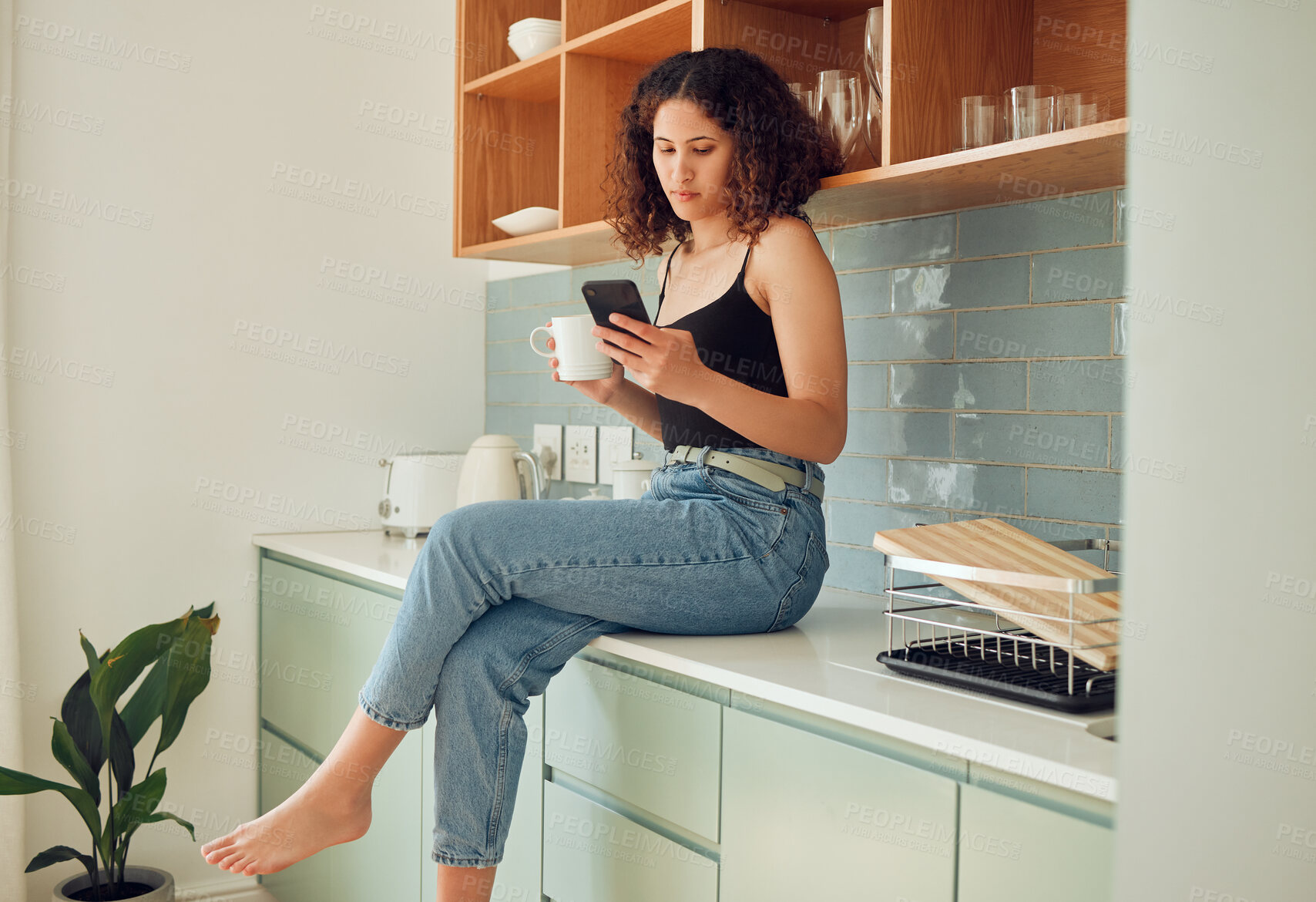 Buy stock photo Afro woman on phone typing, texting or reading online fake news at home drinking coffee or tea. Trendy, young and stylish female sitting on kitchen counter browsing the internet and social media.