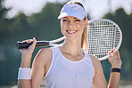 Professional tennis player, fit athlete and active woman playing sport, match and game with racket outdoors. Portrait of smiling, healthy and excited female ready to serve, hit and and play hobby