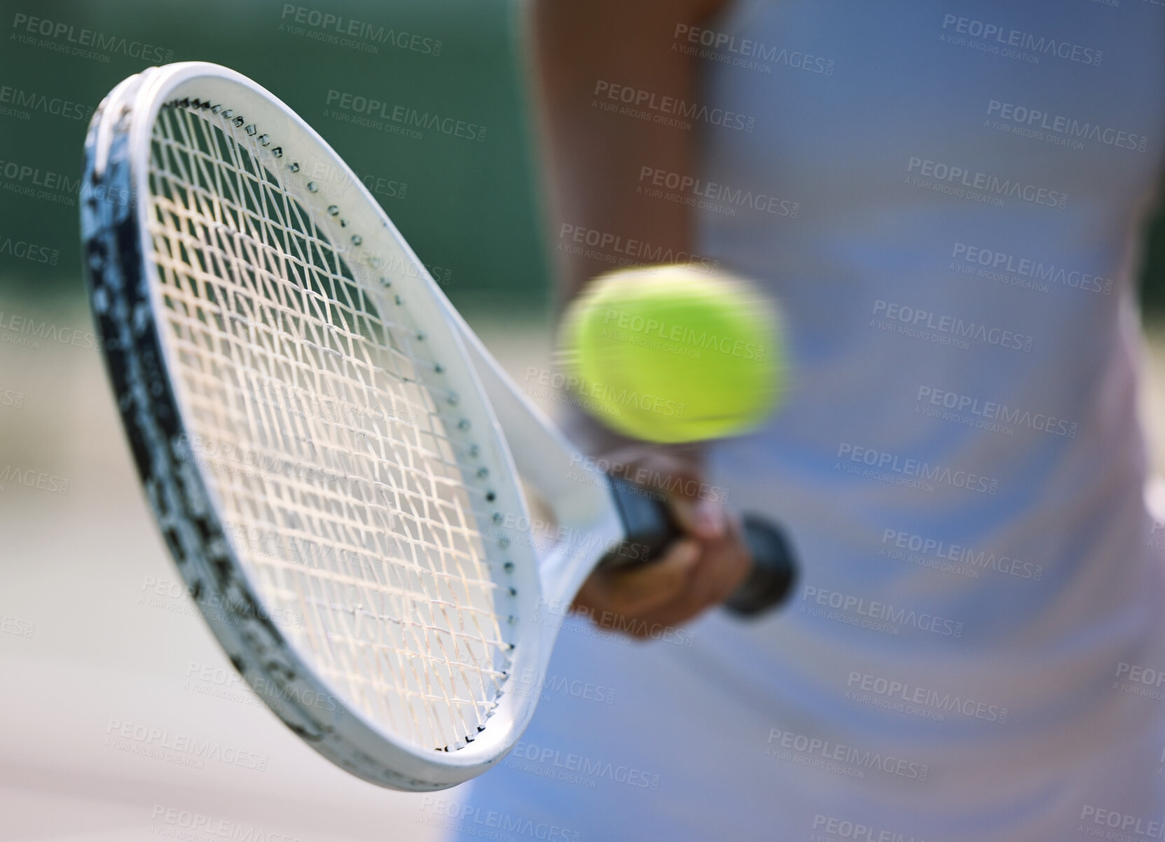 Buy stock photo Closeup tennis ball, racket and sport for fit, active and healthy player hitting, training and exercising for practice. Professional player warming up for routine workout and exercise match on court