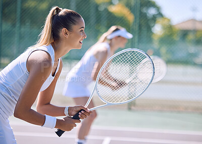 Buy stock photo Female tennis player or sports woman with racket and sports gear playing a match outdoors sport court. Fit young girl enjoying hobby, exercising or competitive activity with equipment or sporty gear