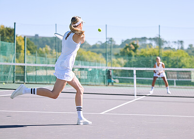 Buy stock photo Fitness, balance and sport with woman tennis players practice competitive match at a sport court. Professional athlete workout at a game or competition. Lady training sports together with partner