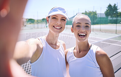 Buy stock photo Selfie taking team of female tennis players on the court after a game, match or tournament portrait. Fit sporty teammates, athletes or professionals relax after being active, exercise and training 