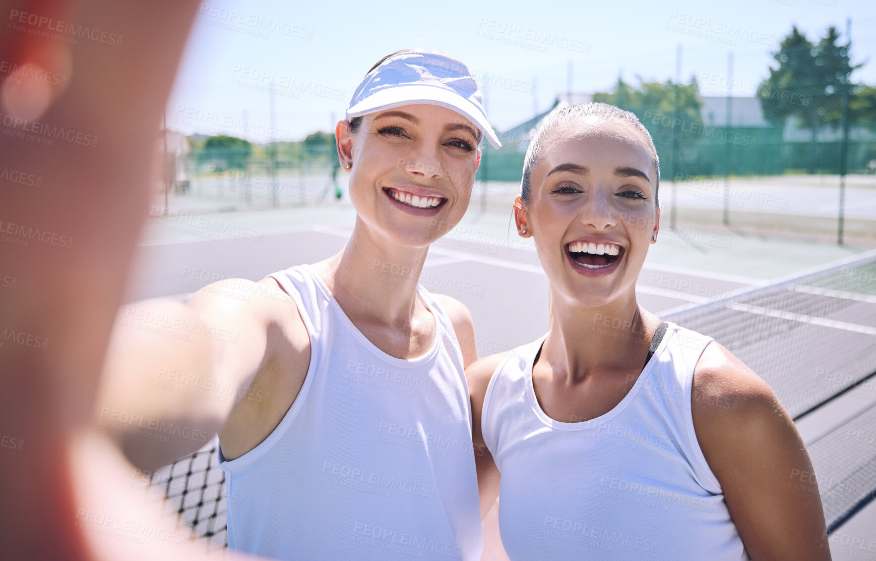 Buy stock photo Selfie taking team of female tennis players on the court after a game, match or tournament portrait. Fit sporty teammates, athletes or professionals relax after being active, exercise and training 