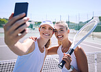 Tennis, fit and sporty women taking a friendly selfie on a sports court in the summer. Excited, happy and smiling friends in sports together in health, fitness and wellness for healthy lifestyle.