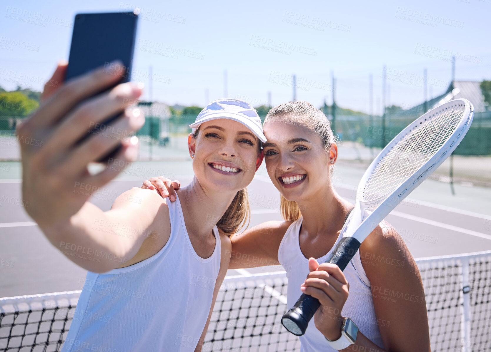 Buy stock photo Tennis, selfie and sports women friends on a court in the summer for exercise. Happy, face and smile woman in a sport together in health, fitness and wellness in training workout and motivation.