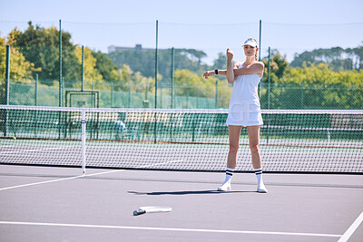 Buy stock photo Fitness, tennis player and athlete stretching out arms before an exercise match, game or workout outside on the court. Young, active and sporty female in a sports club warming up ready for training