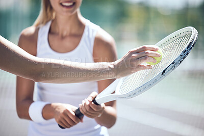 Buy stock photo Tennis ball, racket and sports for fitness, wellness and training for player in exercise on healthy court game practice. Closeup professional player coaching learning student in routine workout match